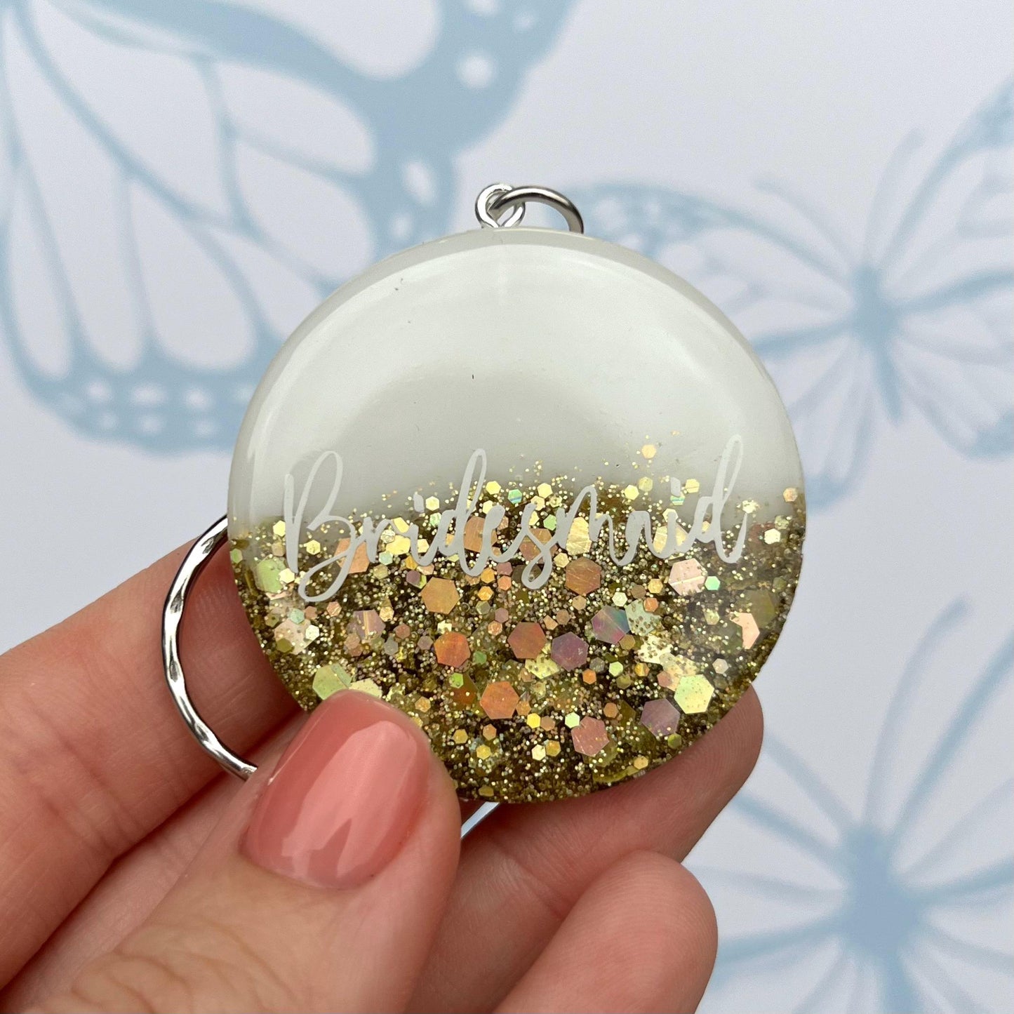 Bridal White & Gold Circle Keyring Favours | Choose your own text, names or Wedding options | Gift for Bride, Maid of Honour, Bridesmaid