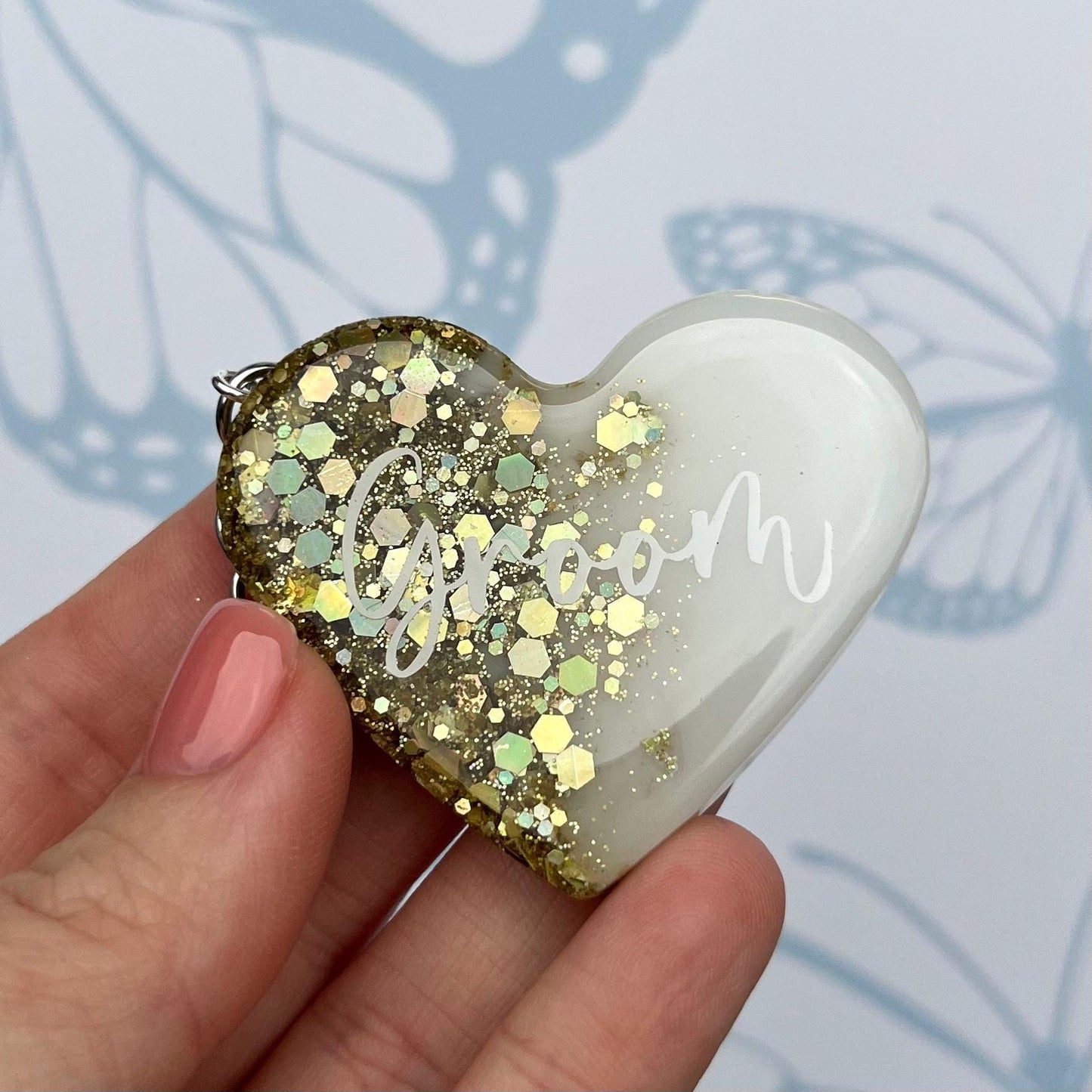 Bridal White & Gold Heart Keyring Favours | Choose your own text, names or Wedding options | Gift for Bride, Maid of Honour, Bridesmaid