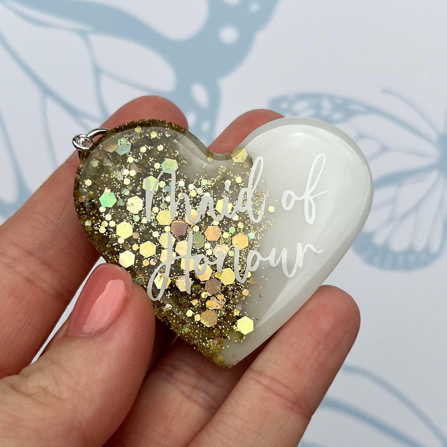 Bridal White & Gold Heart Keyring Favours | Choose your own text, names or Wedding options | Gift for Bride, Maid of Honour, Bridesmaid