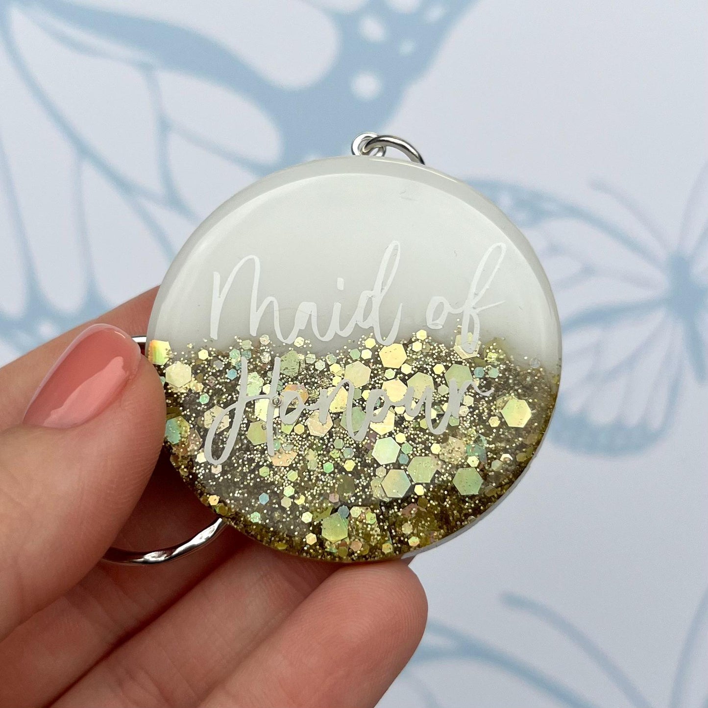 Bridal White & Gold Circle Keyring Favours | Choose your own text, names or Wedding options | Gift for Bride, Maid of Honour, Bridesmaid