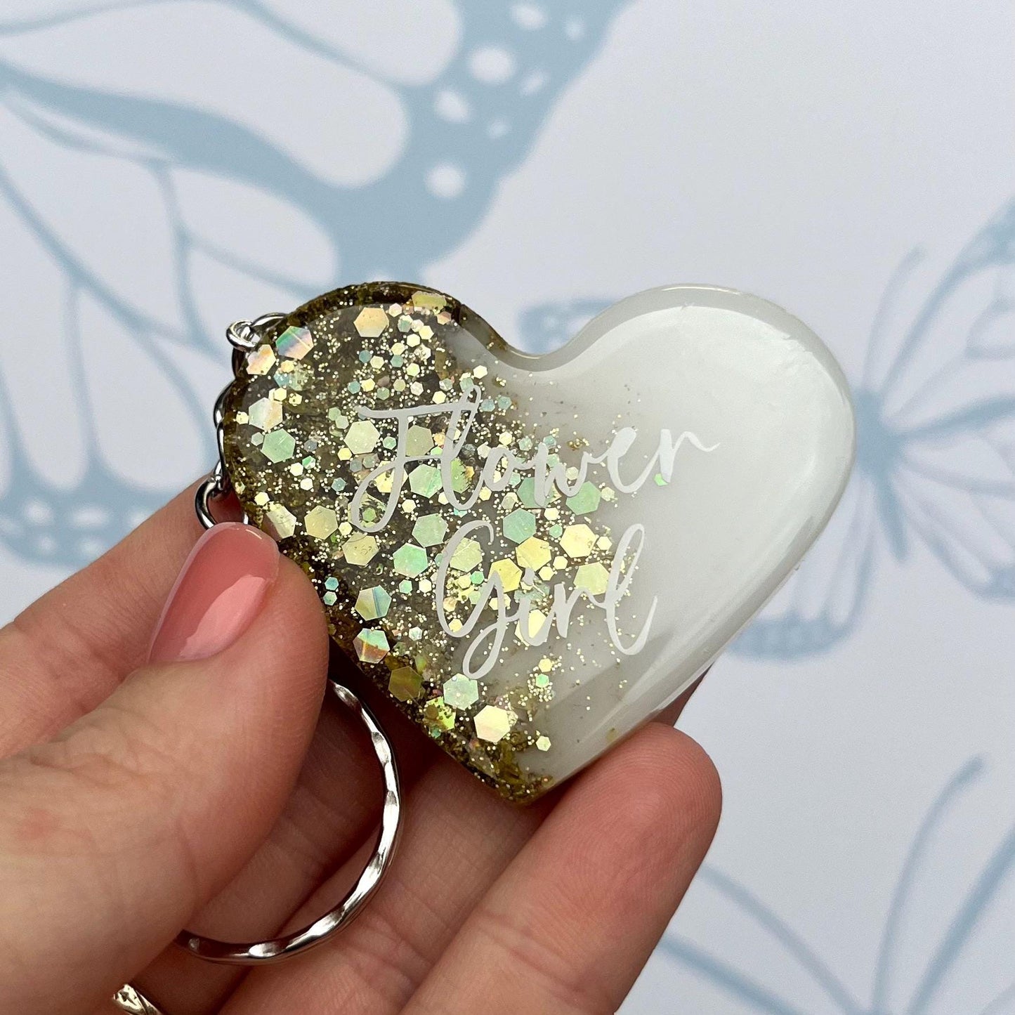 Bridal White & Gold Heart Keyring Favours | Choose your own text, names or Wedding options | Gift for Bride, Maid of Honour, Bridesmaid