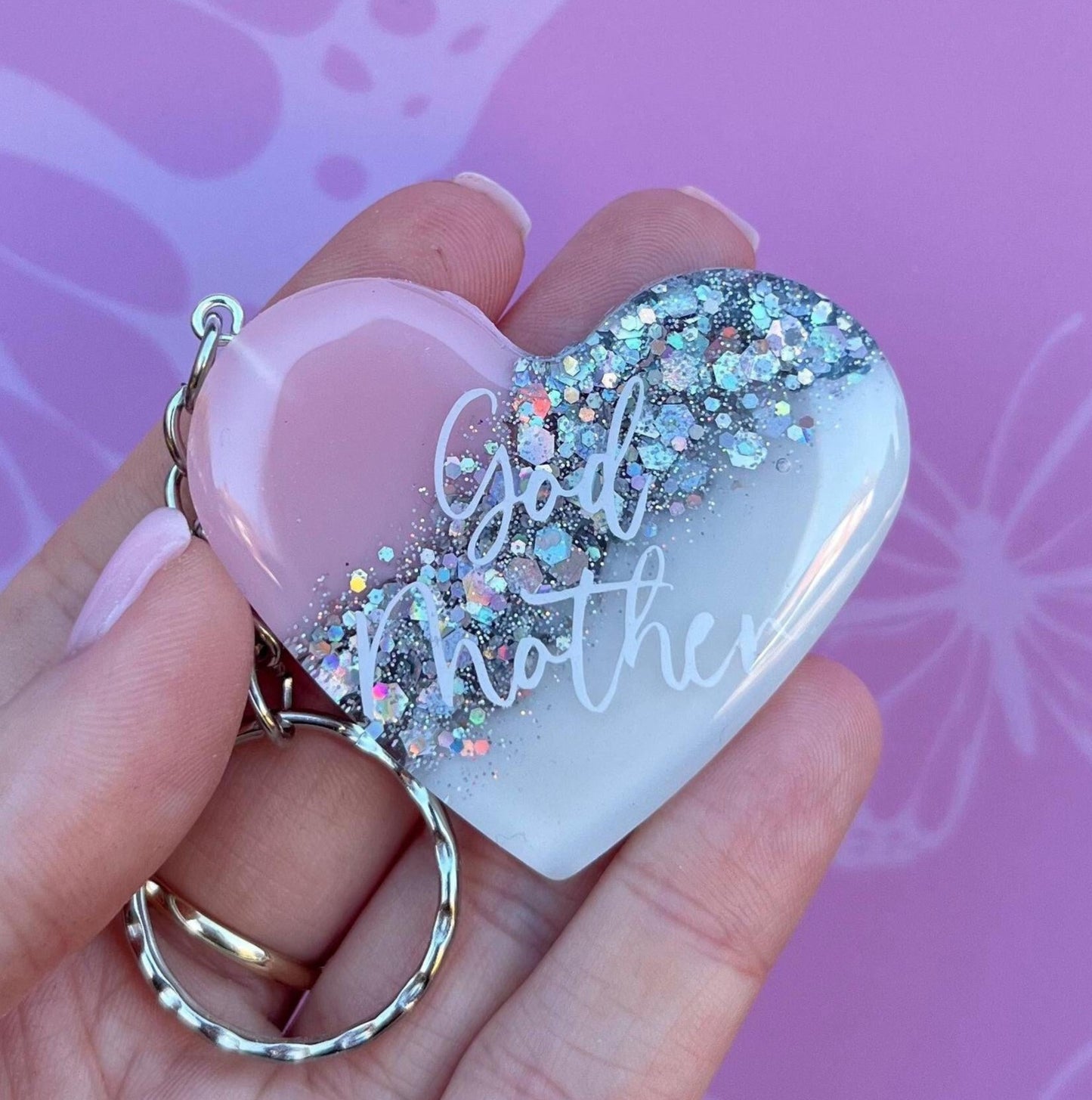God Mother Resin Glitter Heart KEYRING, God Mother Gift, God Mum keyring, Birthday Gift, Christmas Gift, Keyring For Women, Custom Keychain