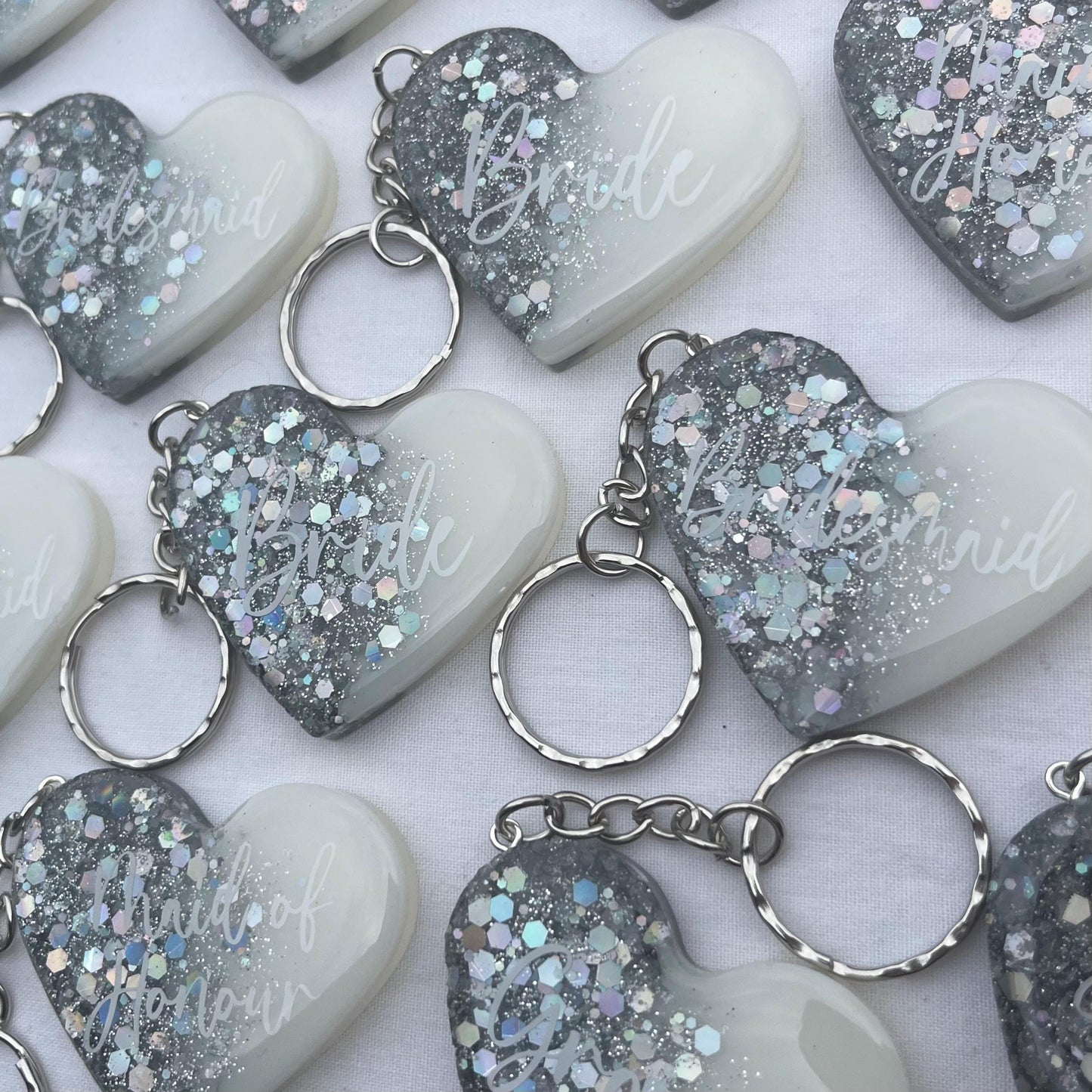 Bridal White & Silver Heart Keyring Favours | Choose your own text, names or Wedding options | Gift for Bride, Maid of Honour, Bridesmaid