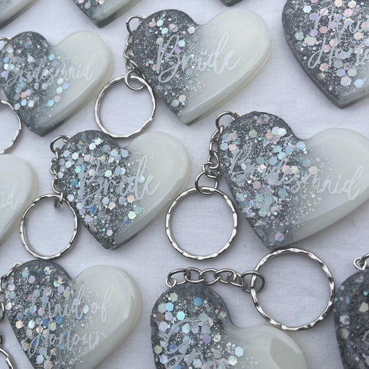 Bridal White & Silver Heart Keyring Favours | Choose your own text, names or Wedding options | Gift for Bride, Maid of Honour, Bridesmaid