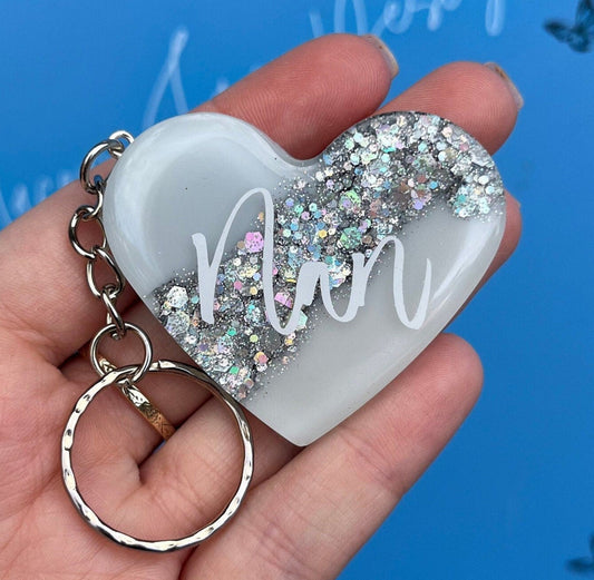 Nan Resin Glitter Heart KEYRING, Nan Gift, Nanny Gift, Nan keyring, Birthday Gift For Her, Teacher Gift, Keyring For Women, Custom Keychain