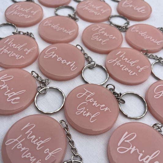 Bridal Pink Circle Keyring Favours | Choose your own text, names or Wedding options | Gift for Bride, Maid of Honour, Bridesmaid