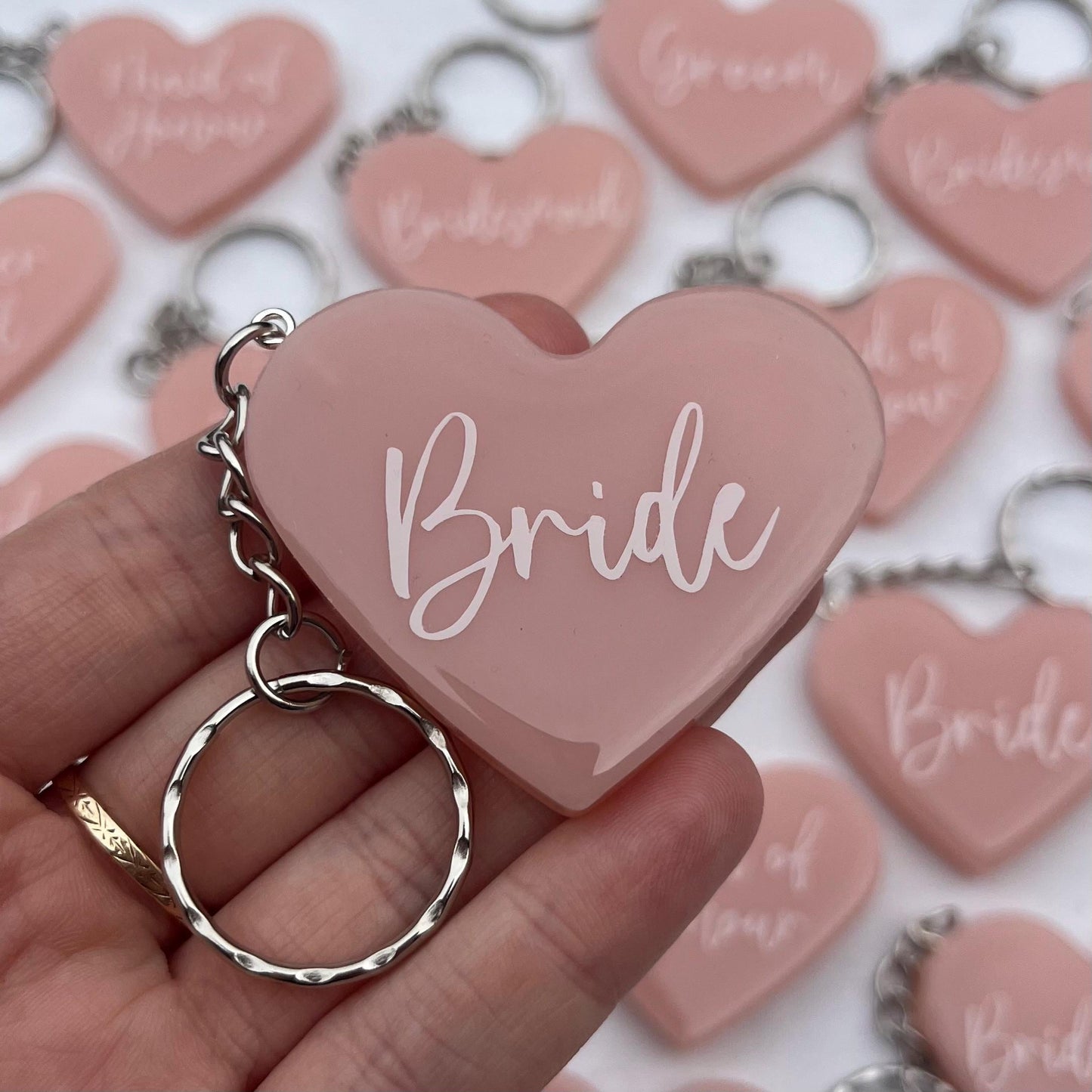 Bridal Pink Heart Keyring Favours | Choose your own text, names or Wedding options | Gift for Bride, Maid of Honour, Bridesmaid