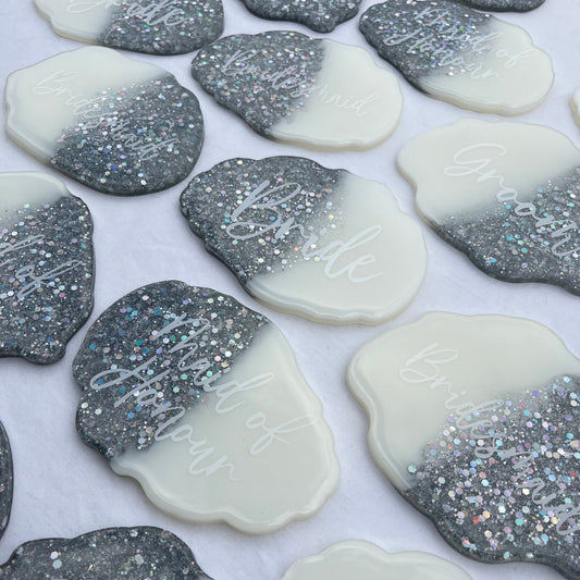 Bridal White & Silver Glitter Coasters Place settings and Favours | Choose your own text or names | Gift for Bride, Maid of Honour, Bridesmaid