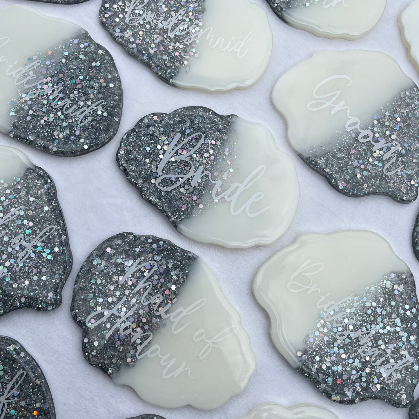 Bridal White & Silver Glitter Coasters Place settings and Favours | Choose your own text or names | Gift for Bride, Maid of Honour, Bridesmaid