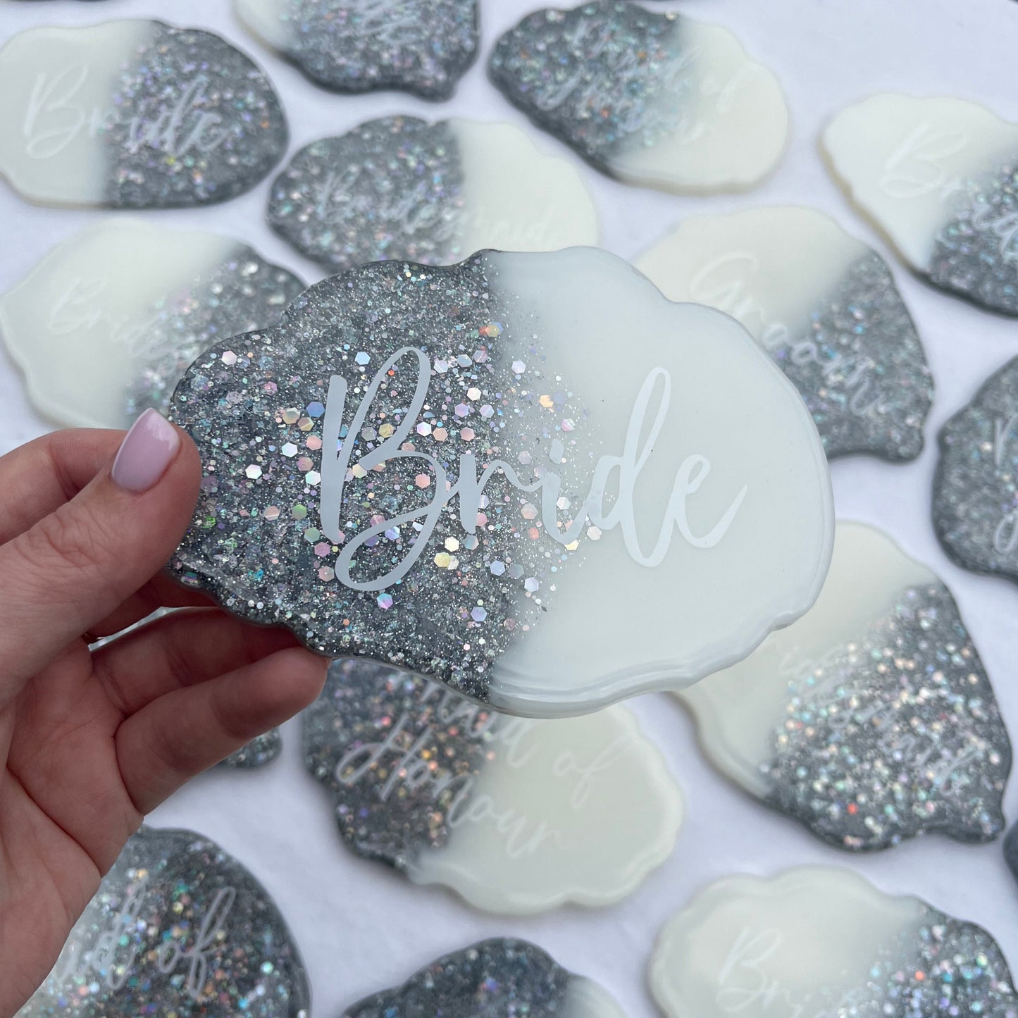 Bridal White & Silver Glitter Coasters Place settings and Favours | Choose your own text or names | Gift for Bride, Maid of Honour, Bridesmaid
