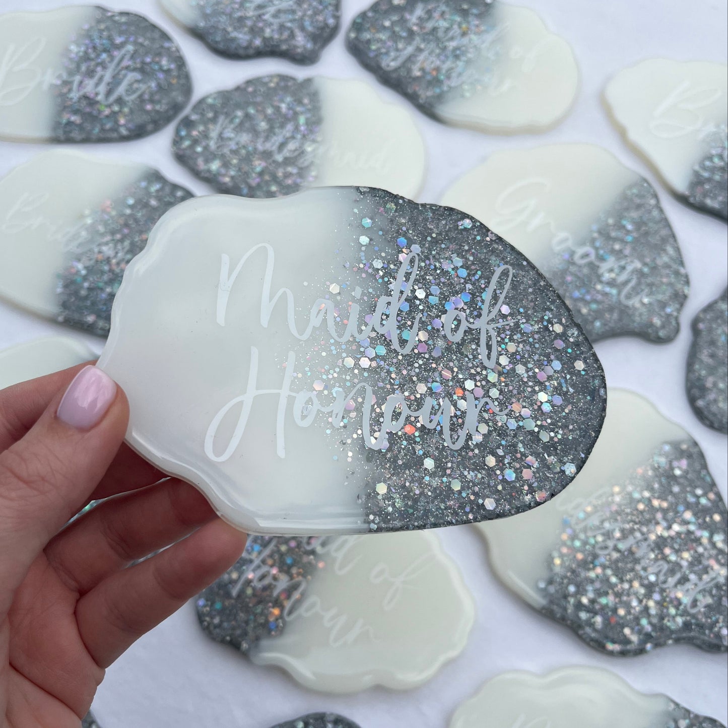 Bridal White & Silver Glitter Coasters Place settings and Favours | Choose your own text or names | Gift for Bride, Maid of Honour, Bridesmaid
