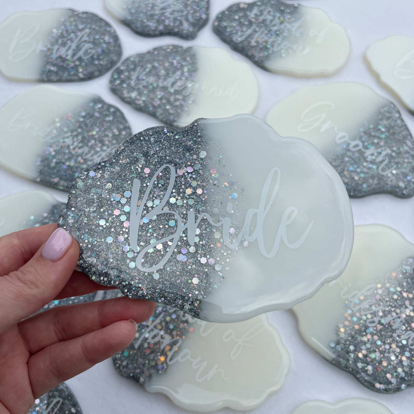 Bridal White & Silver Glitter Coasters Place settings and Favours | Choose your own text or names | Gift for Bride, Maid of Honour, Bridesmaid