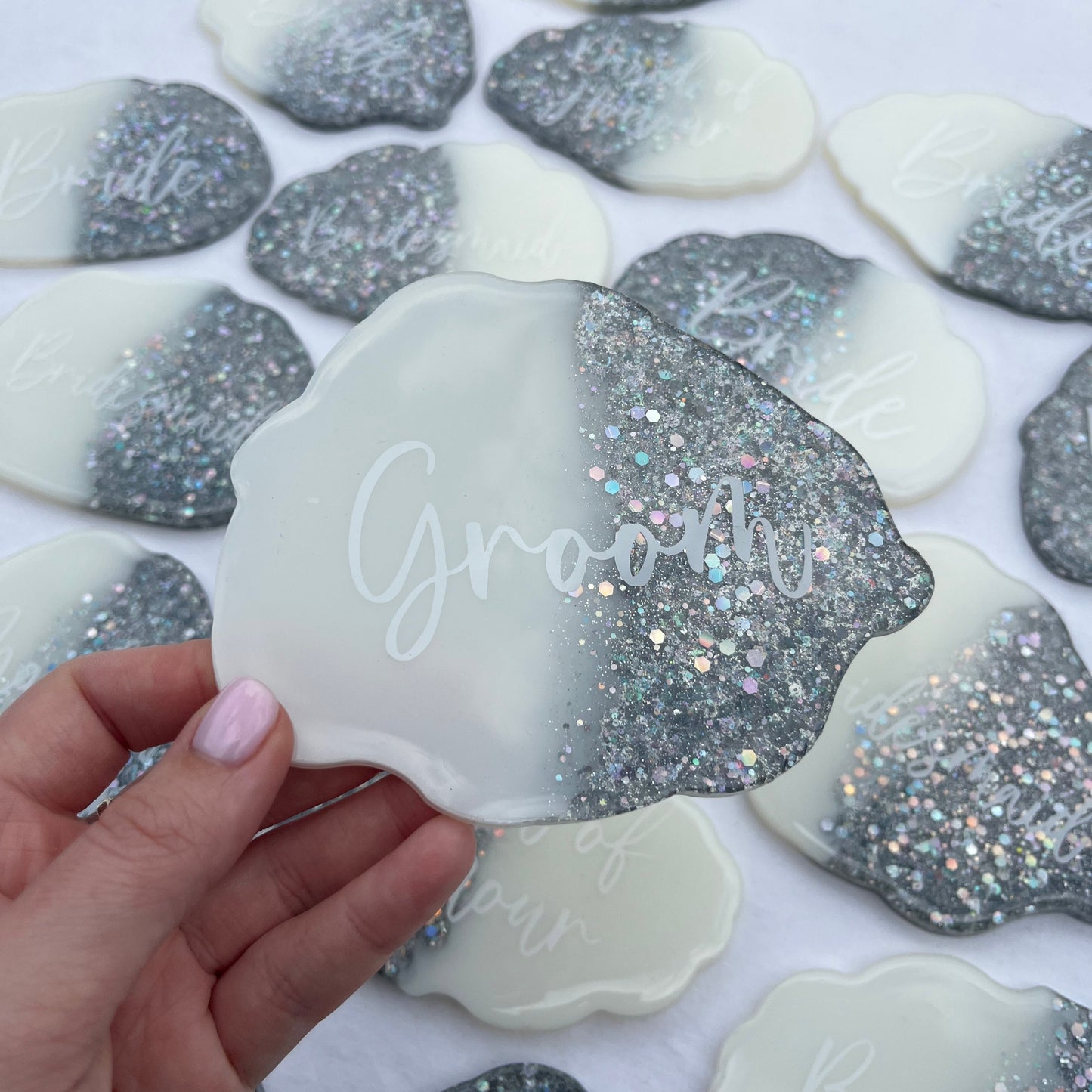 Bridal White & Silver Glitter Coasters Place settings and Favours | Choose your own text or names | Gift for Bride, Maid of Honour, Bridesmaid