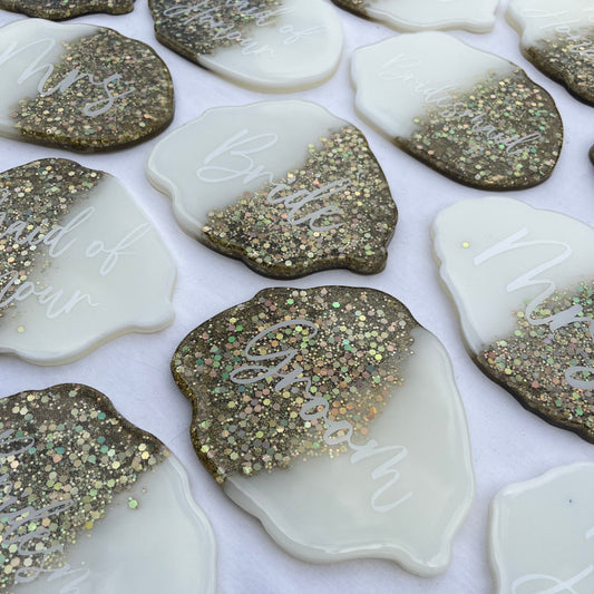 Bridal White & Gold Glitter Coasters Place settings and Favours | Choose your own text or names | Gift for Bride, Maid of Honour, Bridesmaid