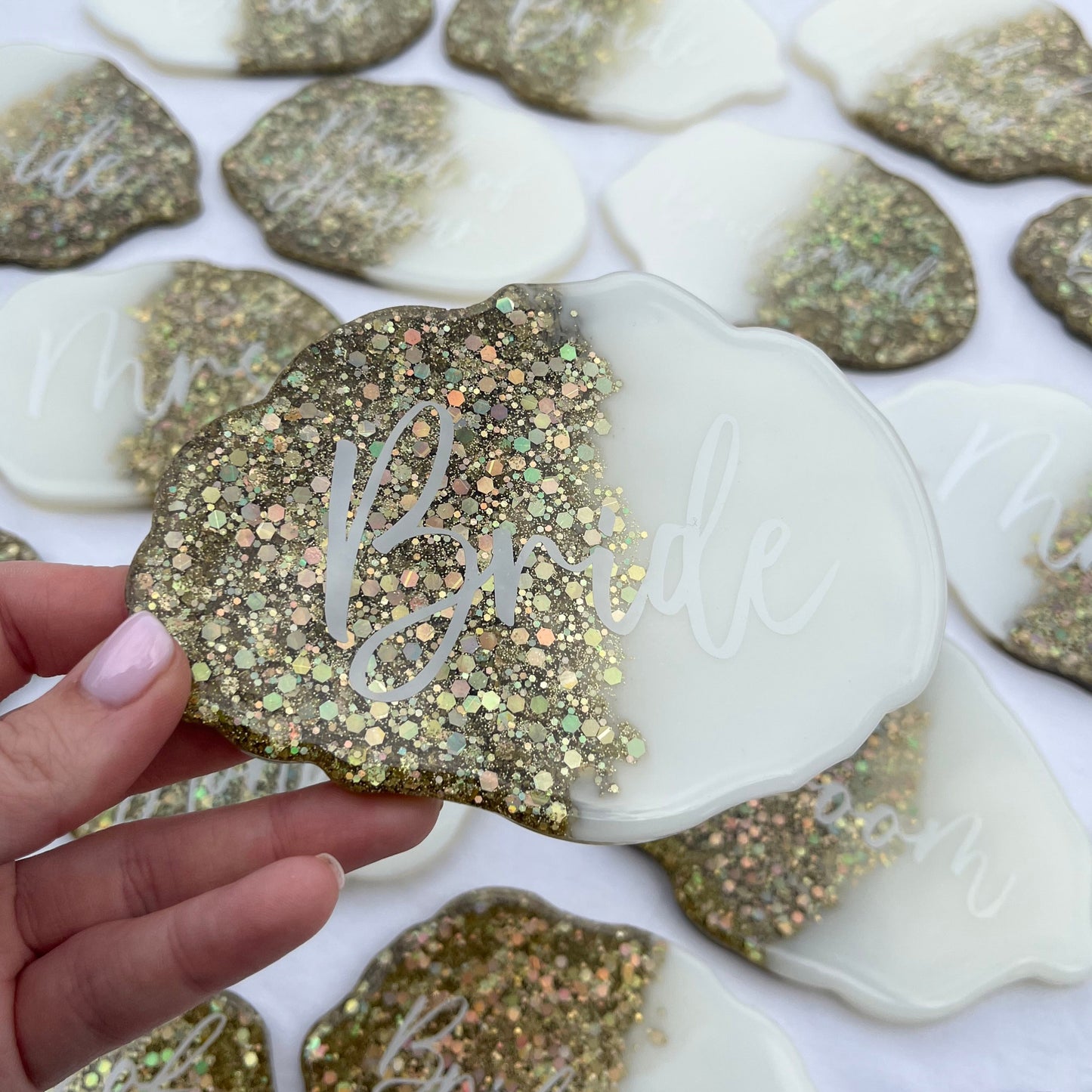 Bridal White & Gold Glitter Coasters Place settings and Favours | Choose your own text or names | Gift for Bride, Maid of Honour, Bridesmaid