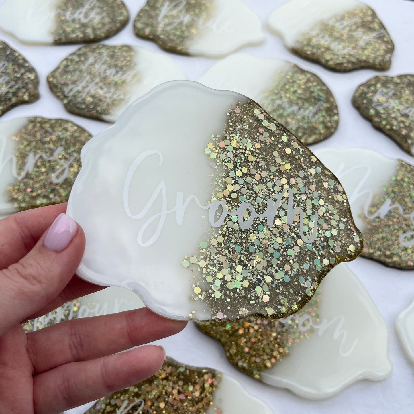 Bridal White & Gold Glitter Coasters Place settings and Favours | Choose your own text or names | Gift for Bride, Maid of Honour, Bridesmaid
