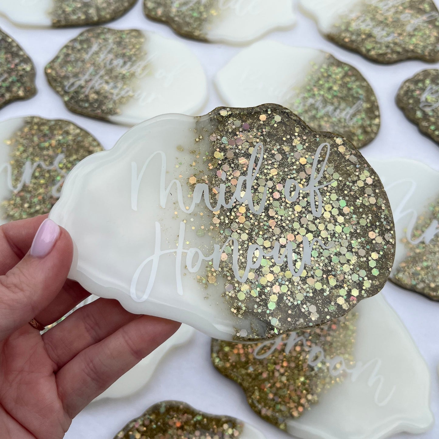 Bridal White & Gold Glitter Coasters Place settings and Favours | Choose your own text or names | Gift for Bride, Maid of Honour, Bridesmaid