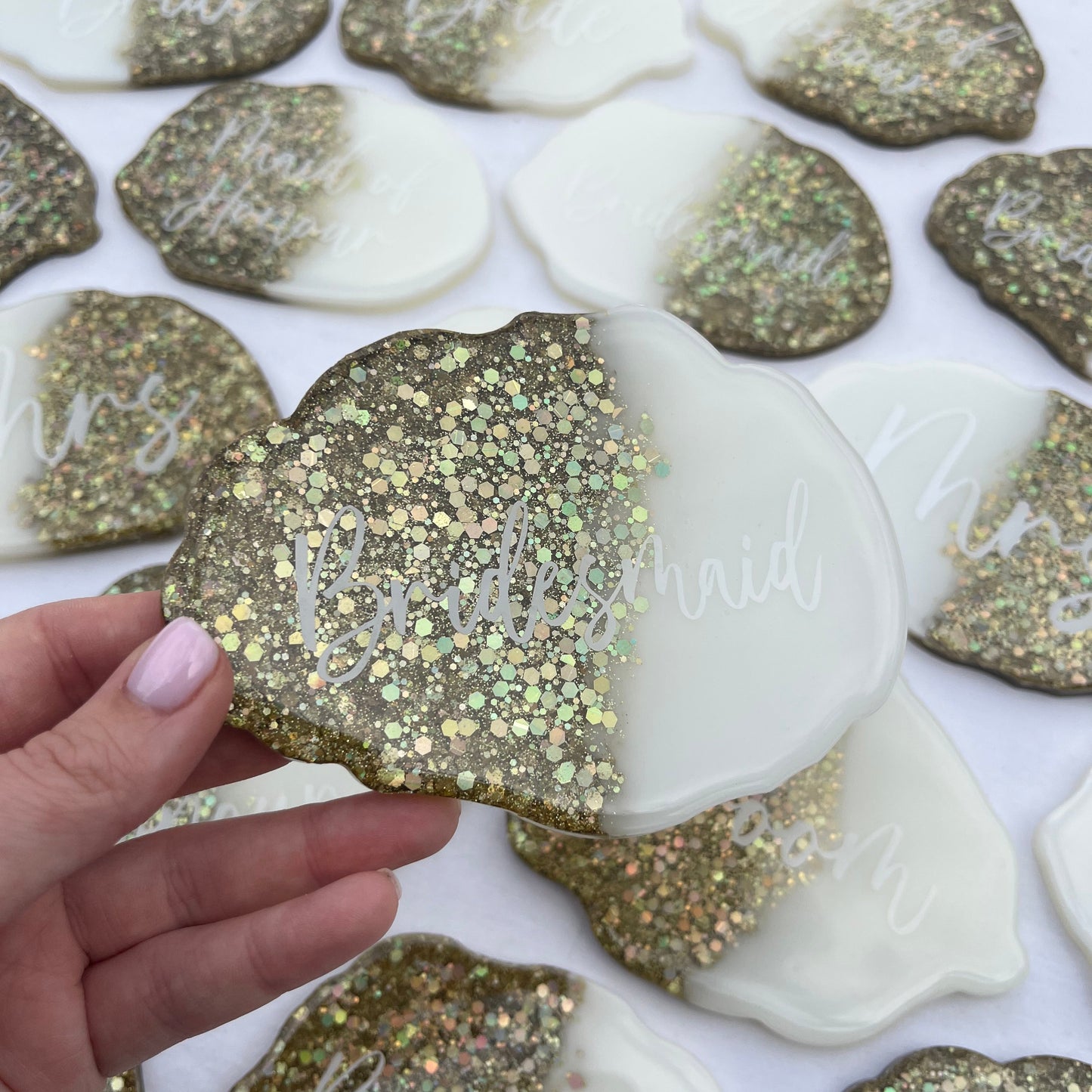 Bridal White & Gold Glitter Coasters Place settings and Favours | Choose your own text or names | Gift for Bride, Maid of Honour, Bridesmaid