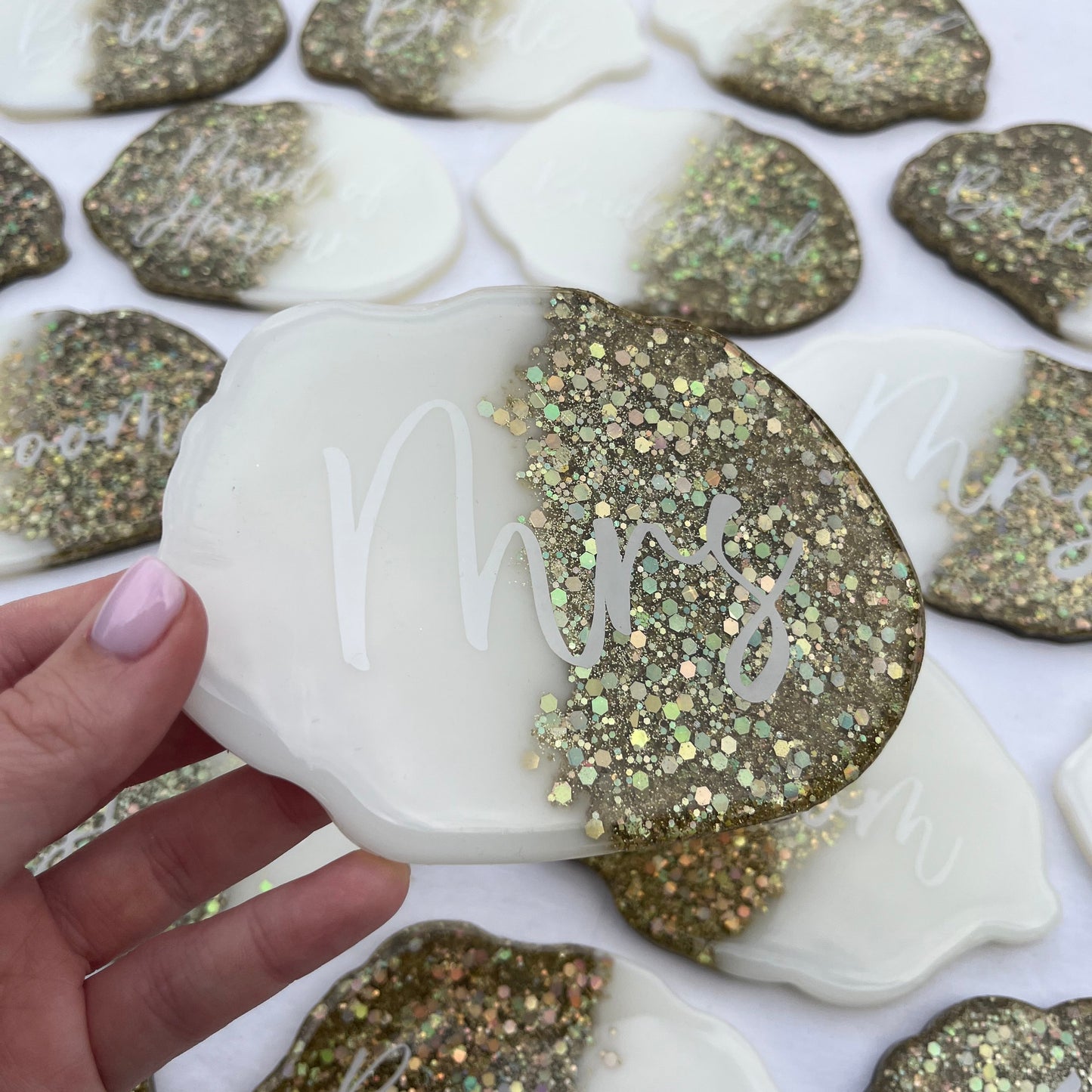 Bridal White & Gold Glitter Coasters Place settings and Favours | Choose your own text or names | Gift for Bride, Maid of Honour, Bridesmaid