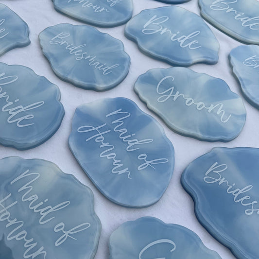 Bridal Blue & White Marble Coasters Place settings and Favours | Choose your own text or names | Gift for Bride, Maid of Honour, Bridesmaid