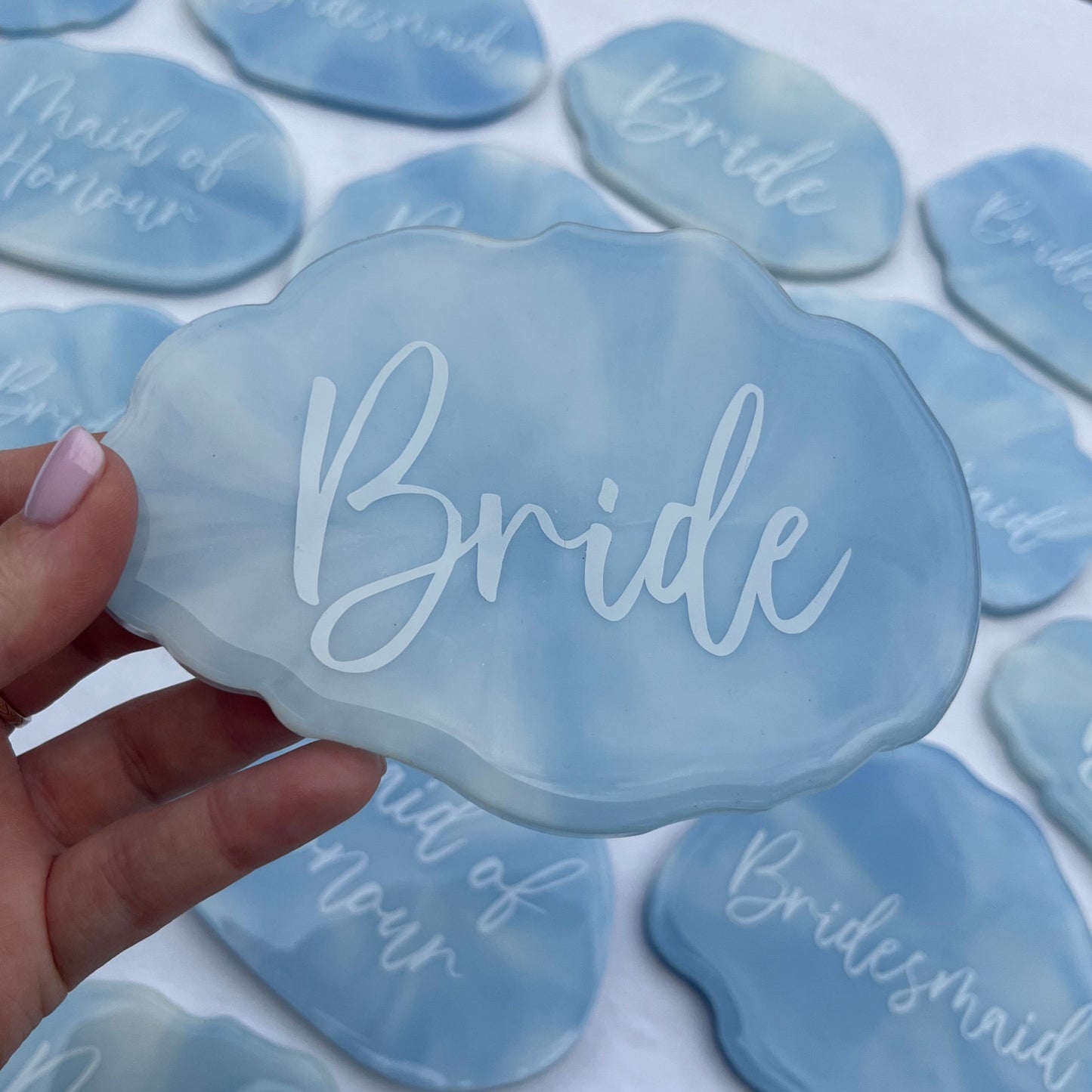 Bridal Blue & White Marble Coasters Place settings and Favours | Choose your own text or names | Gift for Bride, Maid of Honour, Bridesmaid