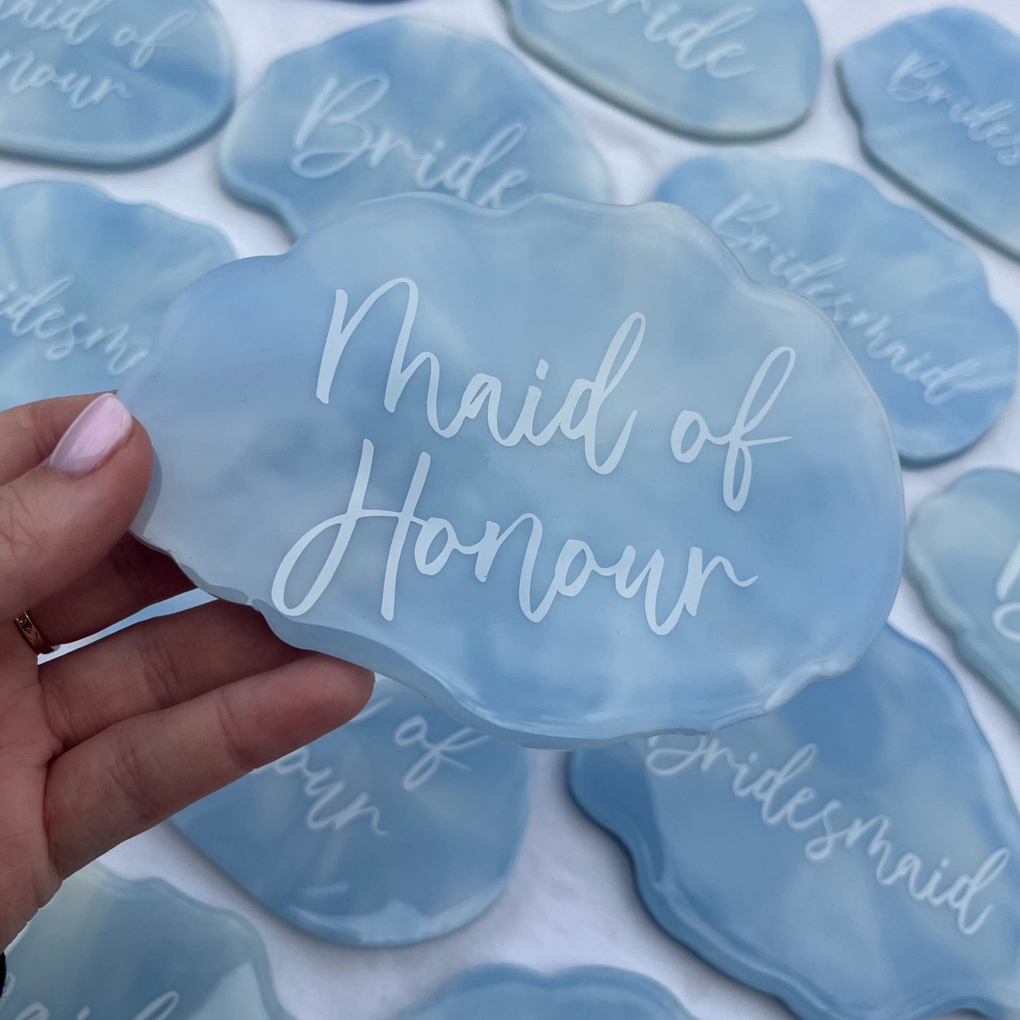 Bridal Blue & White Marble Coasters Place settings and Favours | Choose your own text or names | Gift for Bride, Maid of Honour, Bridesmaid