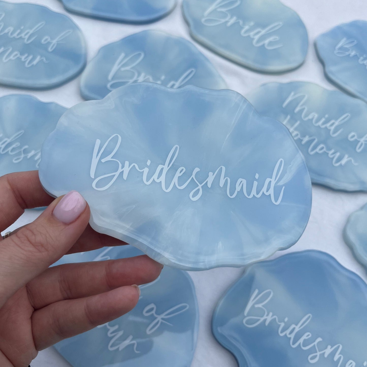 Bridal Blue & White Marble Coasters Place settings and Favours | Choose your own text or names | Gift for Bride, Maid of Honour, Bridesmaid