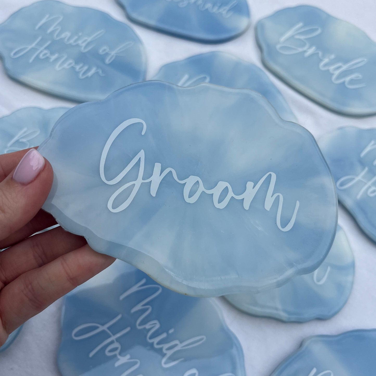 Bridal Blue & White Marble Coasters Place settings and Favours | Choose your own text or names | Gift for Bride, Maid of Honour, Bridesmaid