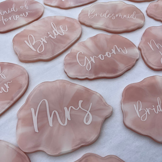Bridal Pink & White Marble Coasters Place settings and Favours | Choose your own text or names | Gift for Bride, Maid of Honour, Bridesmaid