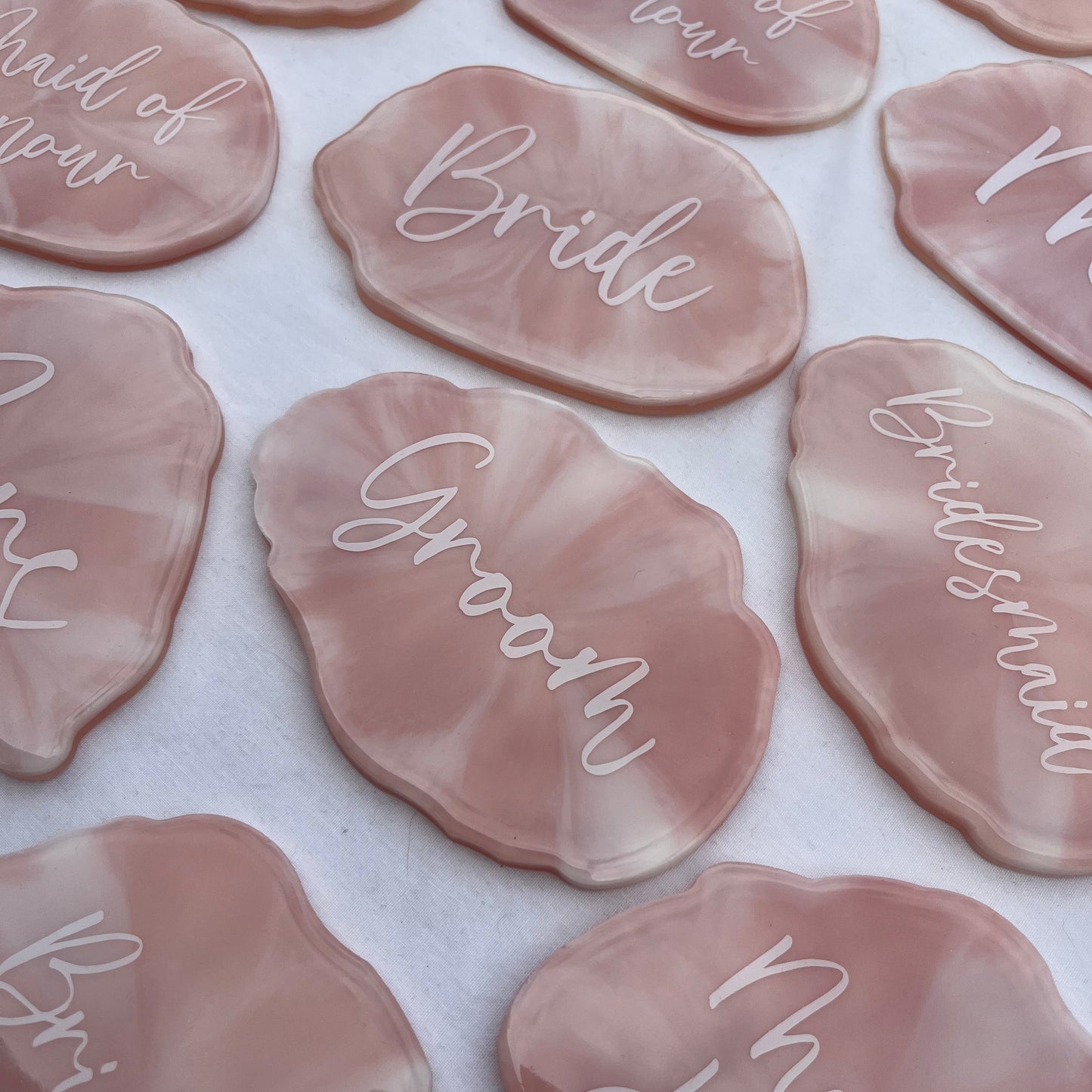 Bridal Pink & White Marble Coasters Place settings and Favours | Choose your own text or names | Gift for Bride, Maid of Honour, Bridesmaid