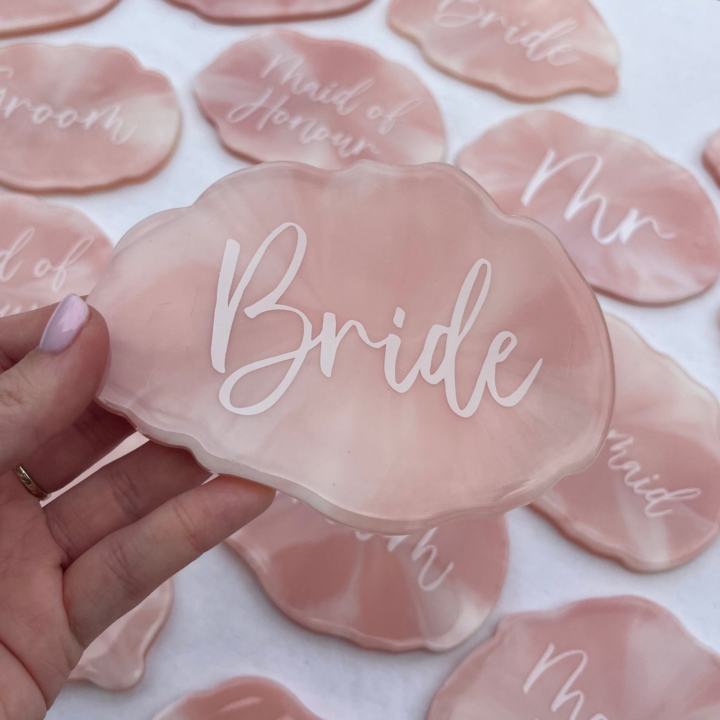 Bridal Pink & White Marble Coasters Place settings and Favours | Choose your own text or names | Gift for Bride, Maid of Honour, Bridesmaid