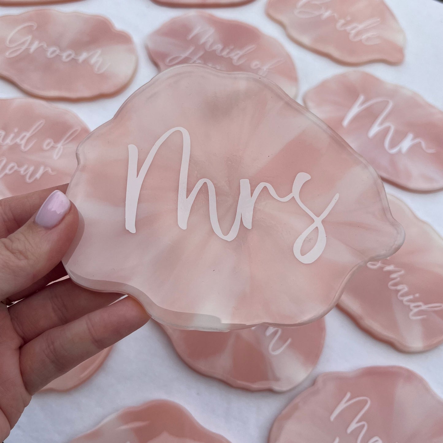 Bridal Pink & White Marble Coasters Place settings and Favours | Choose your own text or names | Gift for Bride, Maid of Honour, Bridesmaid