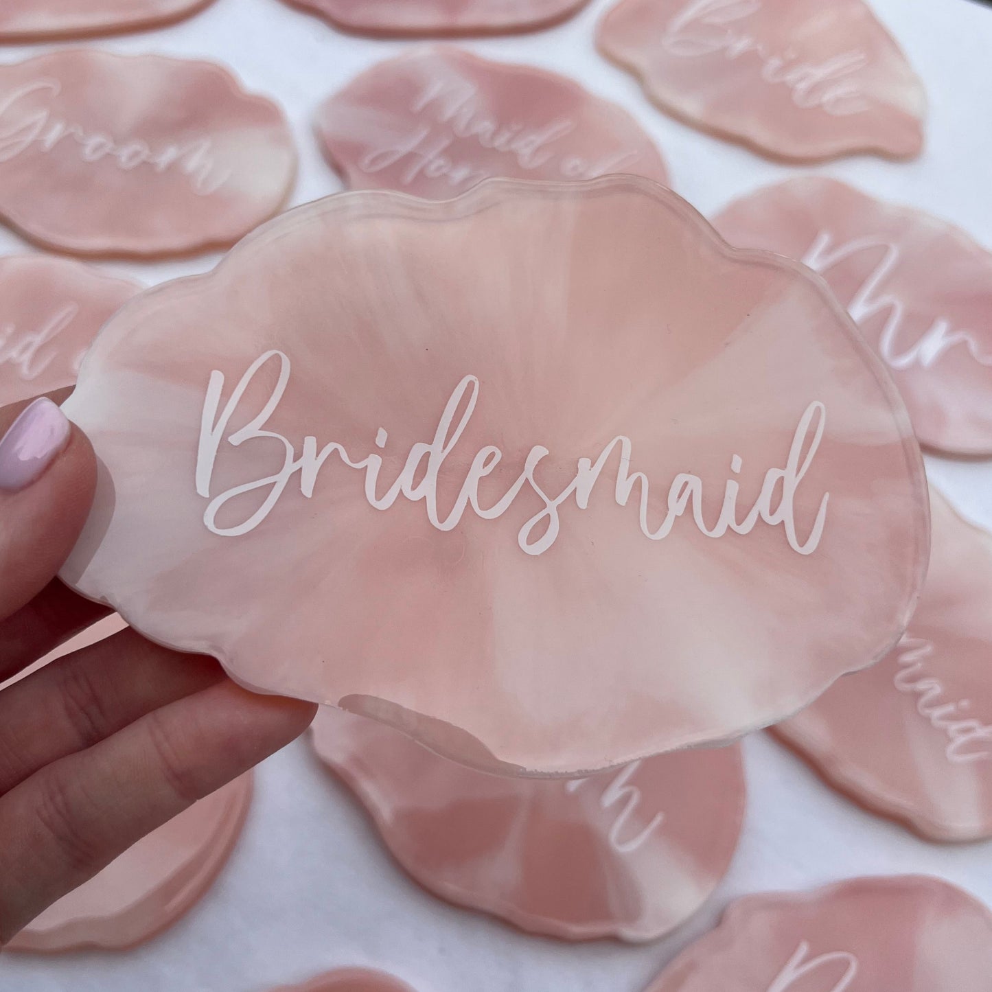 Bridal Pink & White Marble Coasters Place settings and Favours | Choose your own text or names | Gift for Bride, Maid of Honour, Bridesmaid