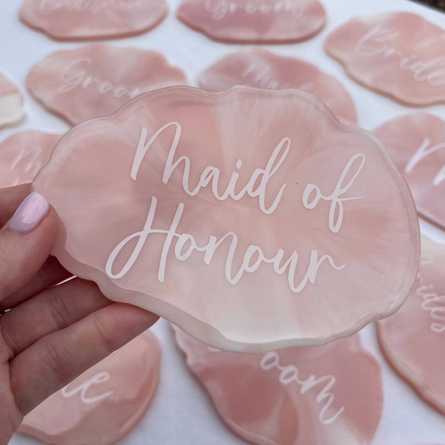 Bridal Pink & White Marble Coasters Place settings and Favours | Choose your own text or names | Gift for Bride, Maid of Honour, Bridesmaid