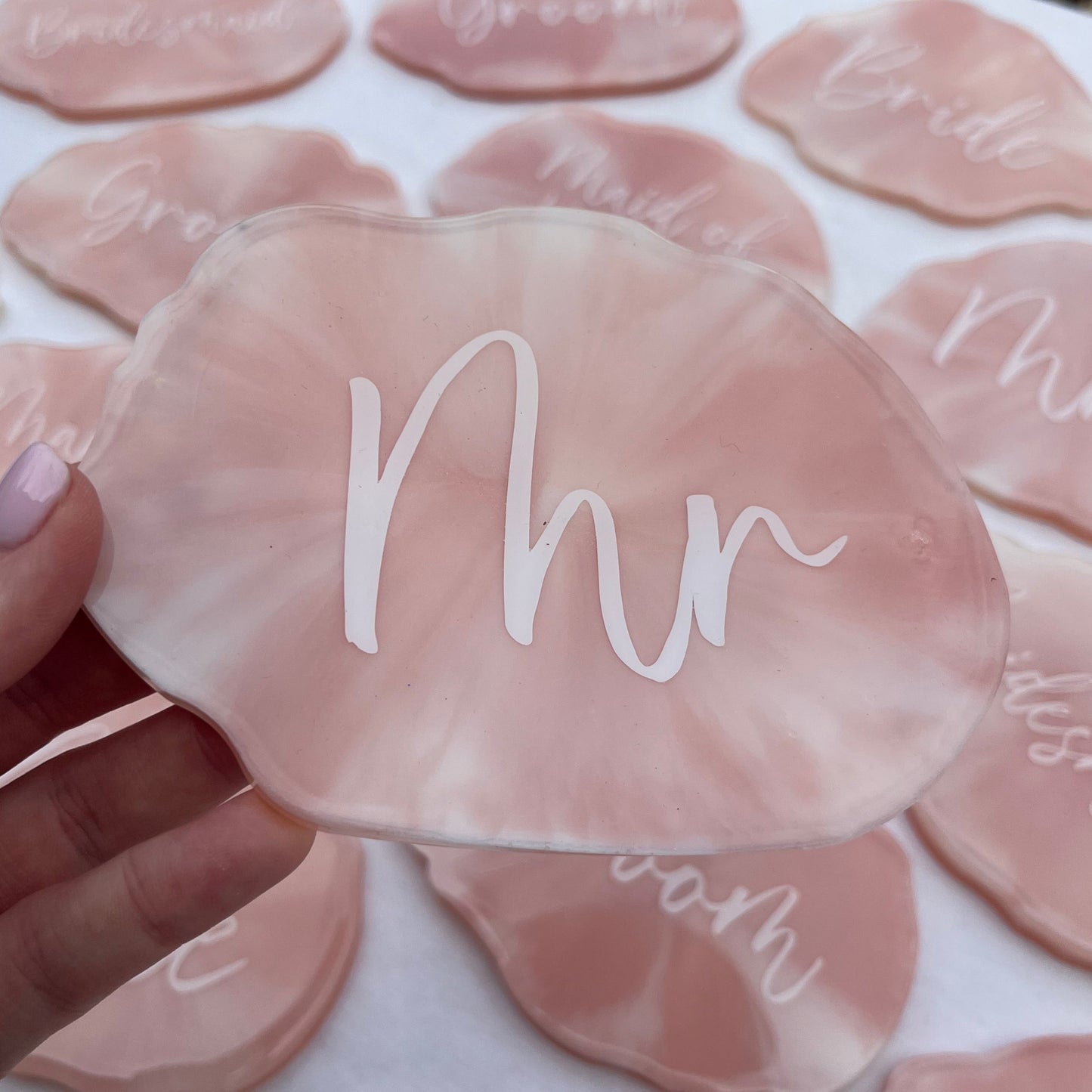 Bridal Pink & White Marble Coasters Place settings and Favours | Choose your own text or names | Gift for Bride, Maid of Honour, Bridesmaid
