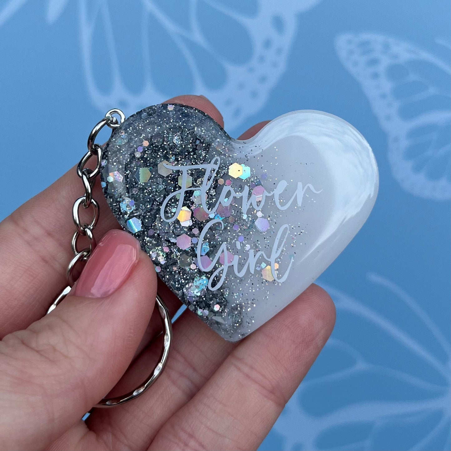 Bridal White & Silver Heart Keyring | Choose your own text or Wedding options | Gift for Bride, Maid of Honour, Bridesmaid & more | Bridal Favours