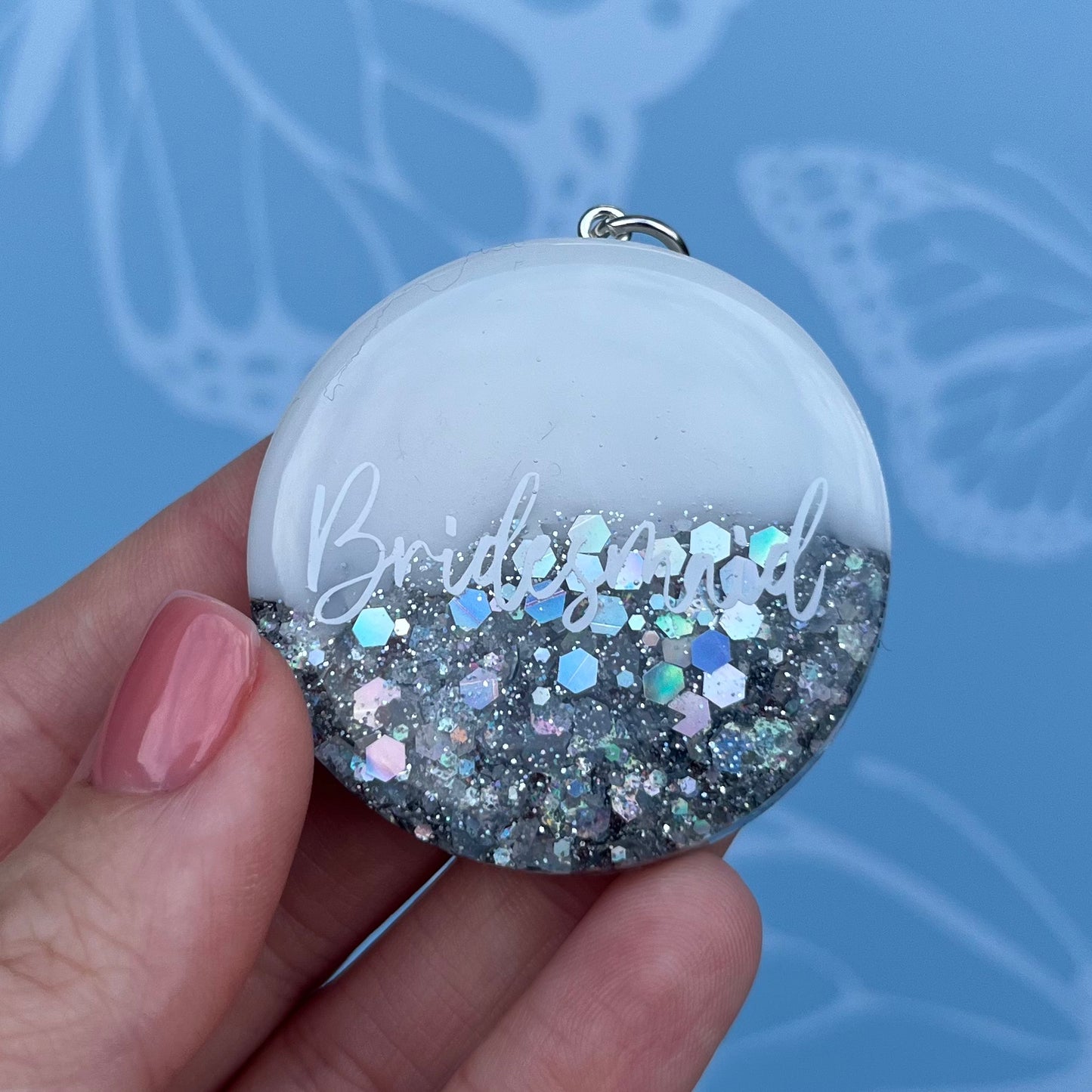 Bridal White & Silver Circle Keyring | Choose your own text or Wedding options | Gift for Bride, Maid of Honour, Bridesmaid & more | Bridal Favours