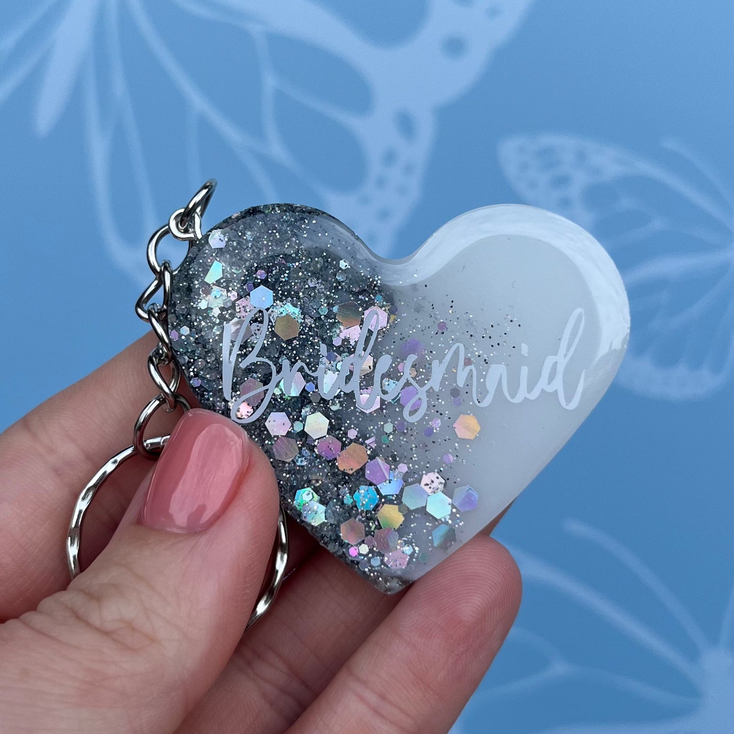 Bridal White & Silver Heart Keyring | Choose your own text or Wedding options | Gift for Bride, Maid of Honour, Bridesmaid & more | Bridal Favours