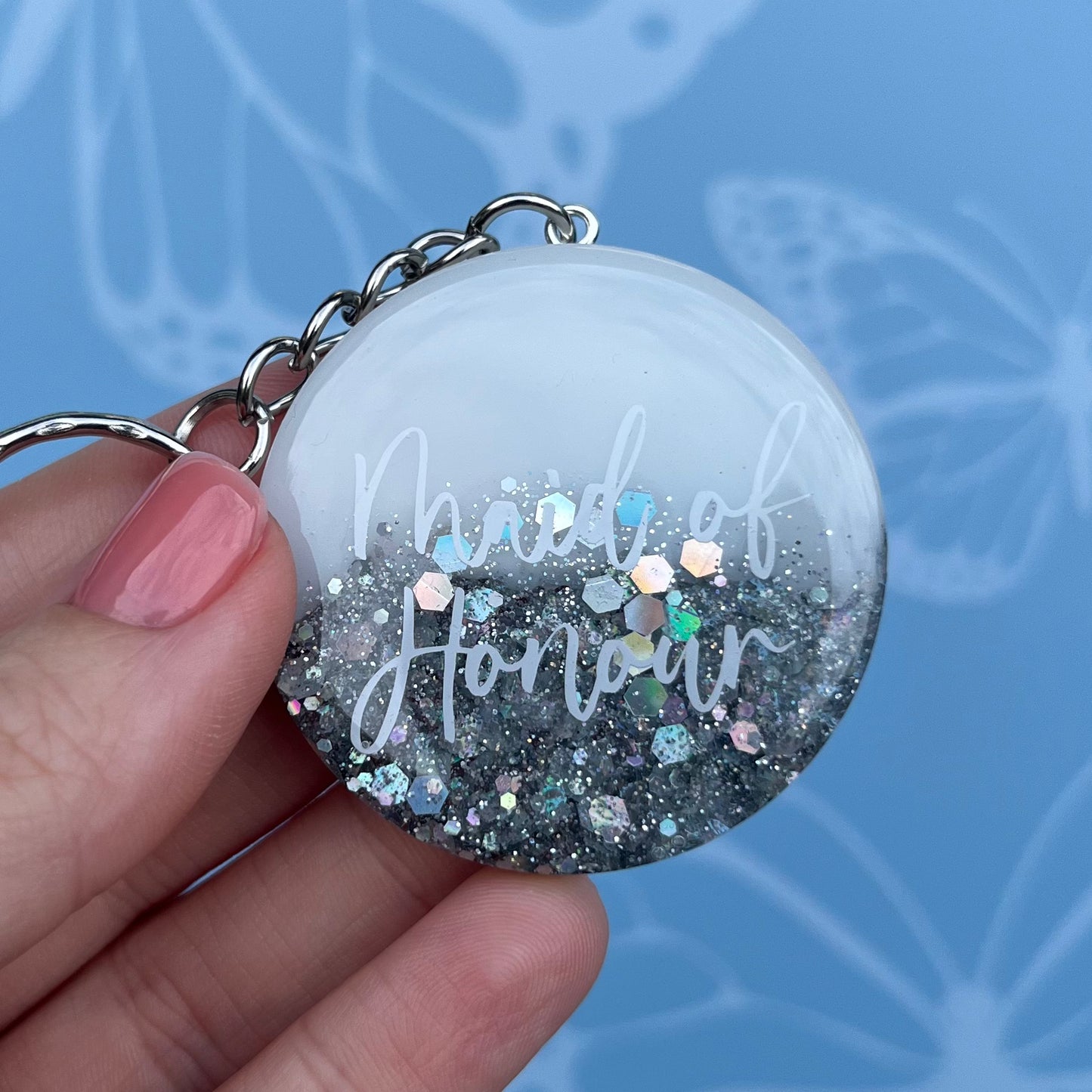 Bridal White & Silver Circle Keyring | Choose your own text or Wedding options | Gift for Bride, Maid of Honour, Bridesmaid & more | Bridal Favours