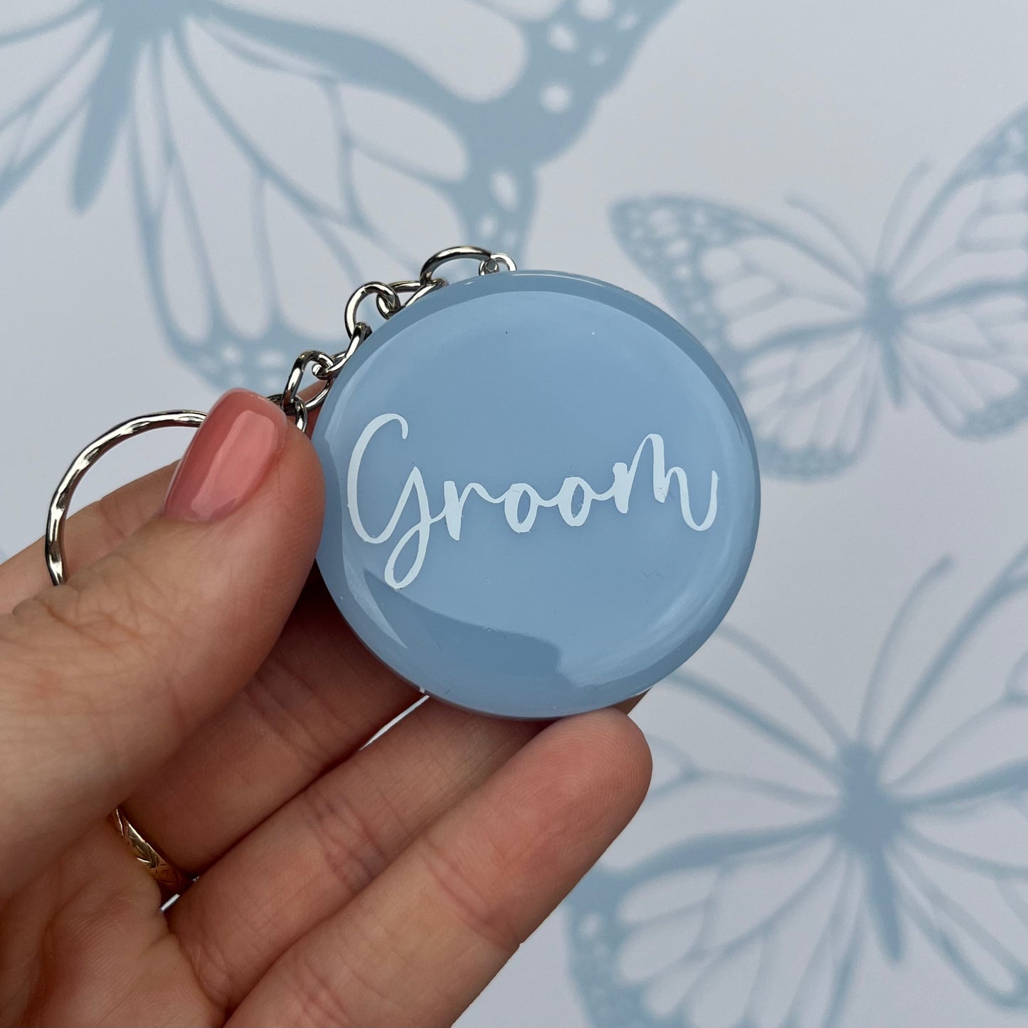 Bridal Blue Circle Keyring | Choose your own text or Wedding options | Gift for Bride, Maid of Honour, Bridesmaid & more | Bridal Favours