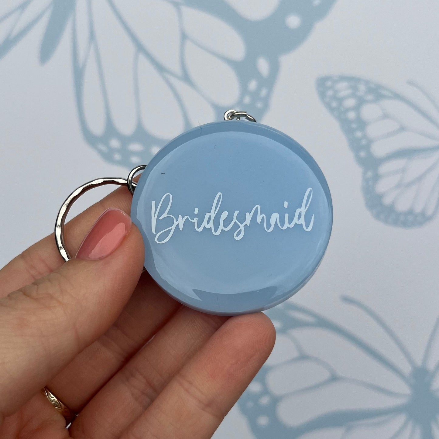 Bridal Blue Circle Keyring | Choose your own text or Wedding options | Gift for Bride, Maid of Honour, Bridesmaid & more | Bridal Favours