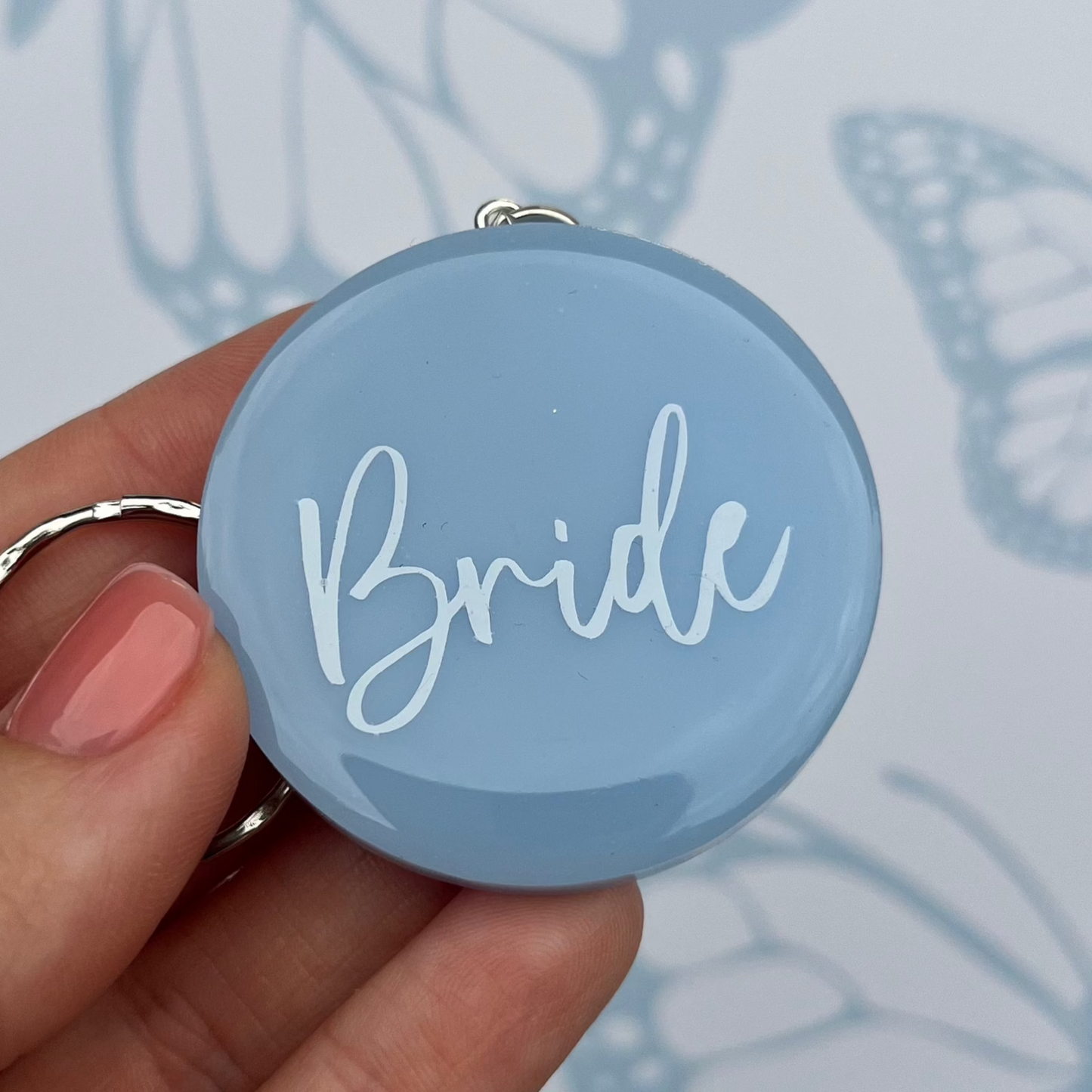 Bridal Blue Circle Keyring | Choose your own text or Wedding options | Gift for Bride, Maid of Honour, Bridesmaid & more | Bridal Favours