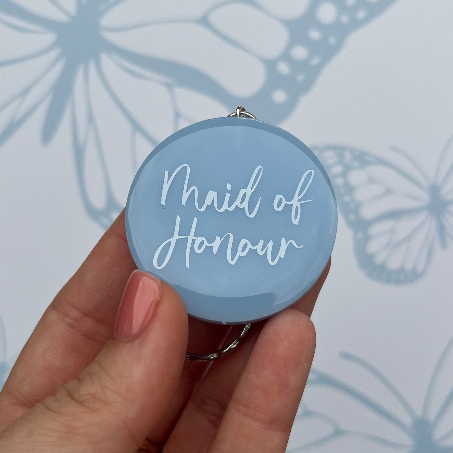 Bridal Blue Circle Keyring | Choose your own text or Wedding options | Gift for Bride, Maid of Honour, Bridesmaid & more | Bridal Favours