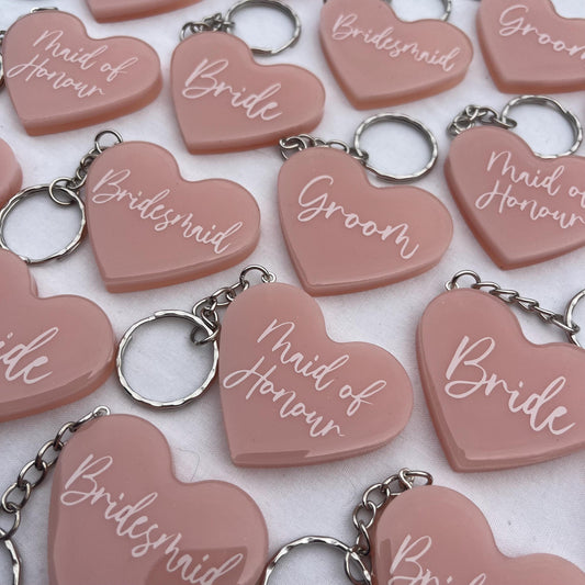 Bridal Pink Heart Keyring Favours | Choose your own text, names or Wedding options | Gift for Bride, Maid of Honour, Bridesmaid