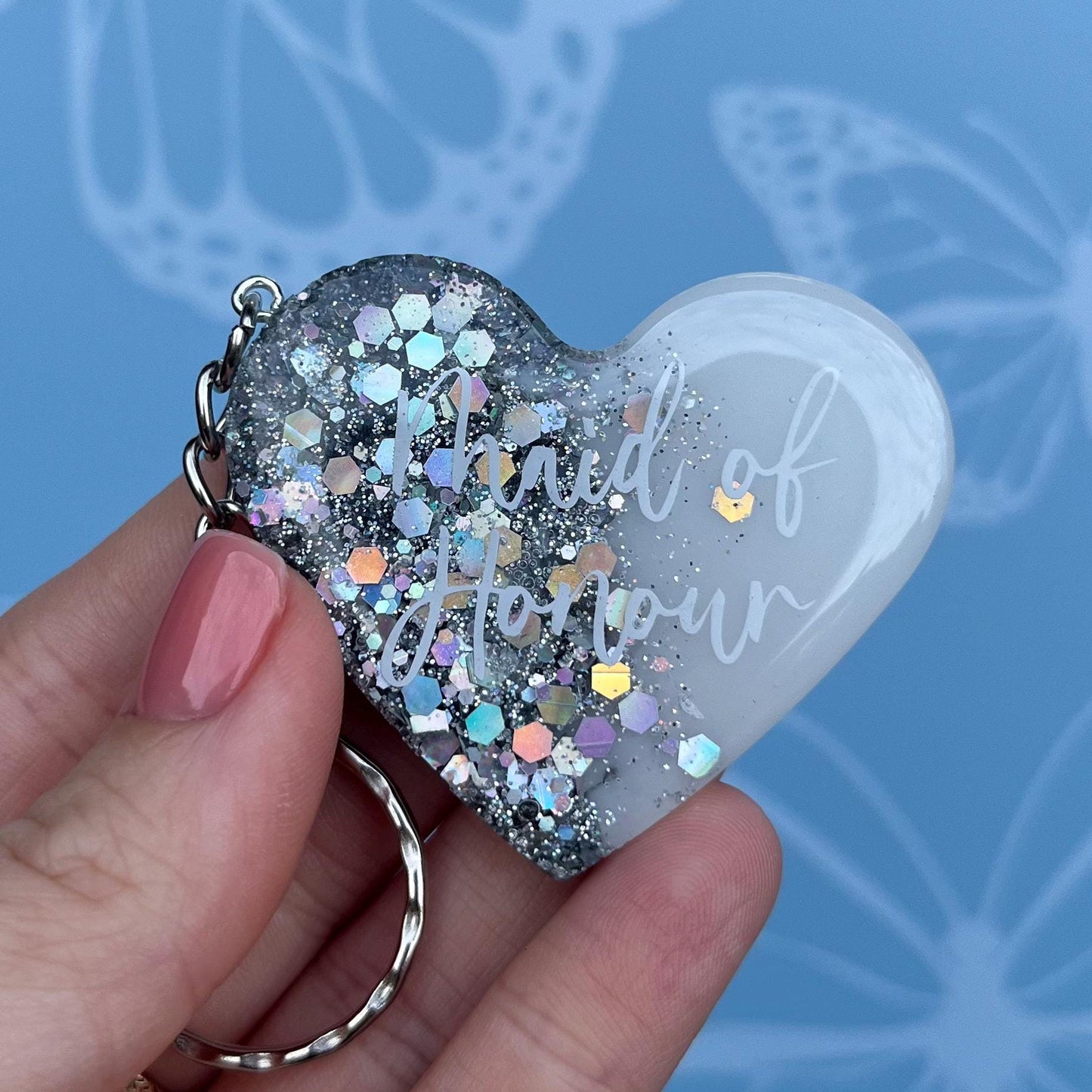 Bridal White & Silver Heart Keyring Favours | Choose your own text, names or Wedding options | Gift for Bride, Maid of Honour, Bridesmaid