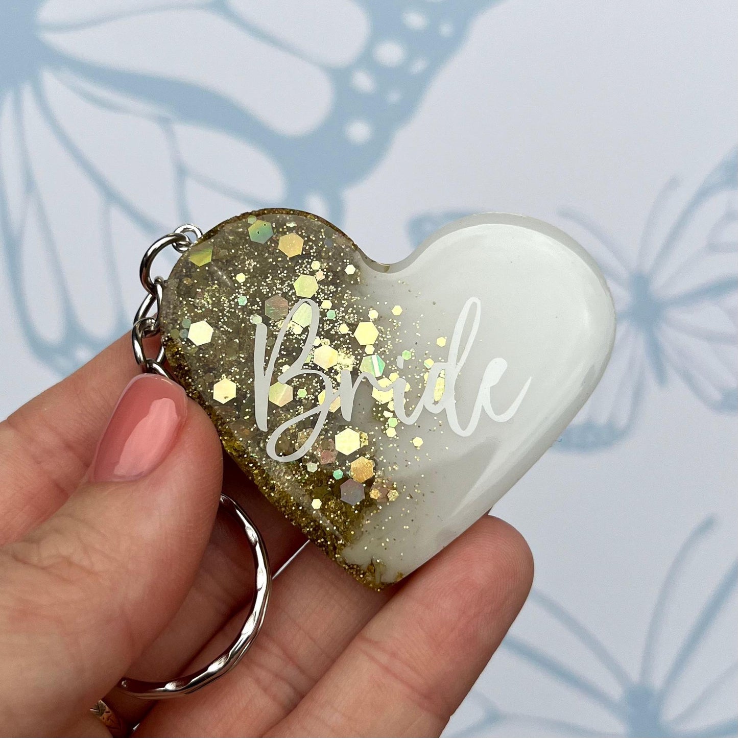 Bridal White & Gold Heart Keyring Favours | Choose your own text, names or Wedding options | Gift for Bride, Maid of Honour, Bridesmaid