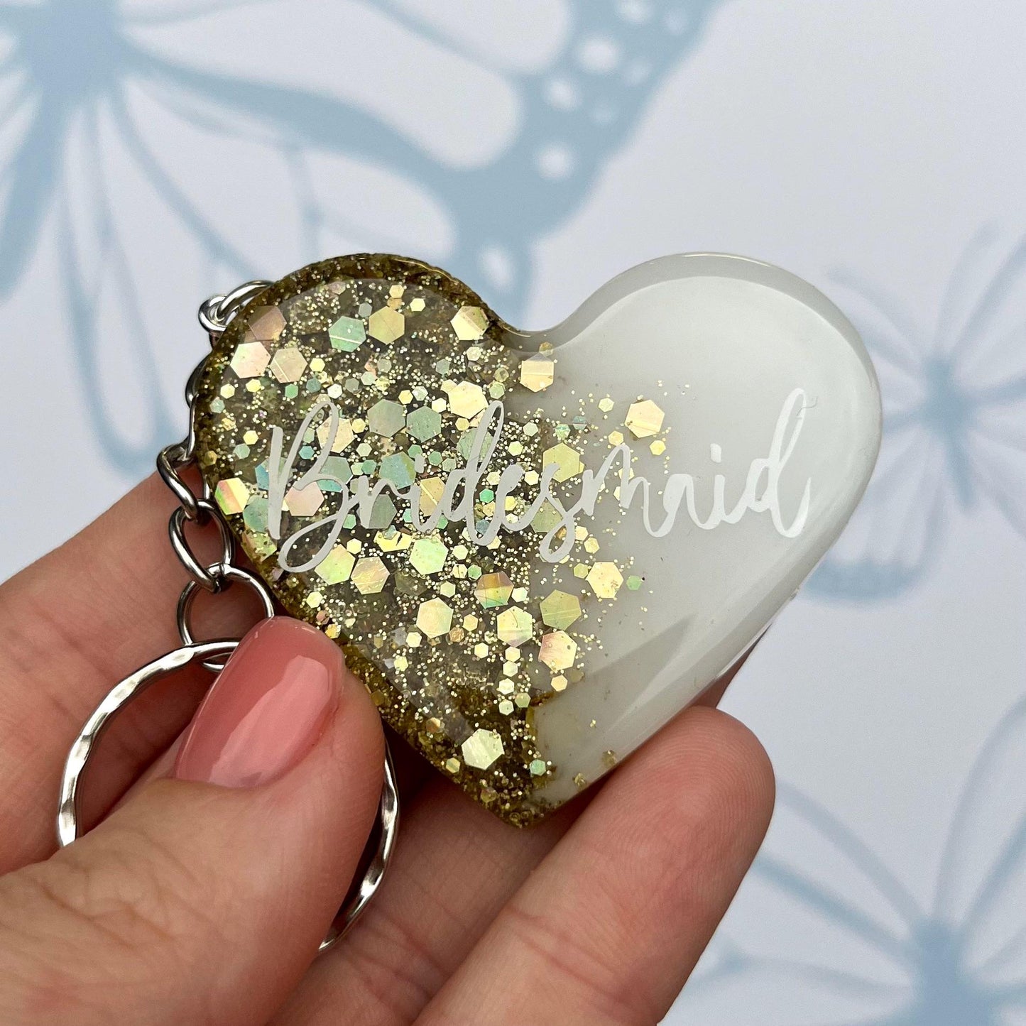 Bridal White & Gold Heart Keyring Favours | Choose your own text, names or Wedding options | Gift for Bride, Maid of Honour, Bridesmaid